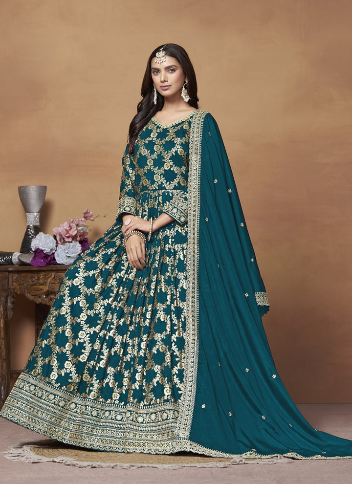 Lassya Fashion Teal Green Dola Jacquard Anarkali Dress