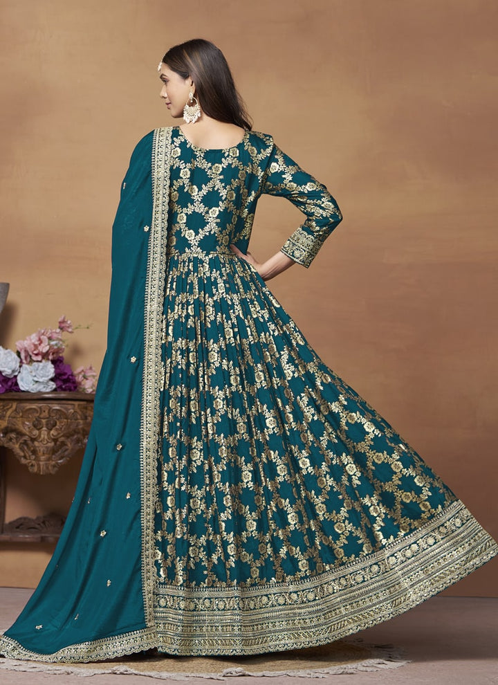 Lassya Fashion Teal Green Dola Jacquard Anarkali Dress