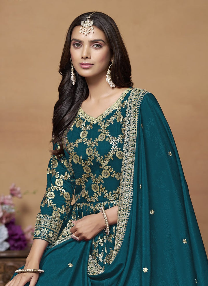 Lassya Fashion Teal Green Dola Jacquard Anarkali Dress