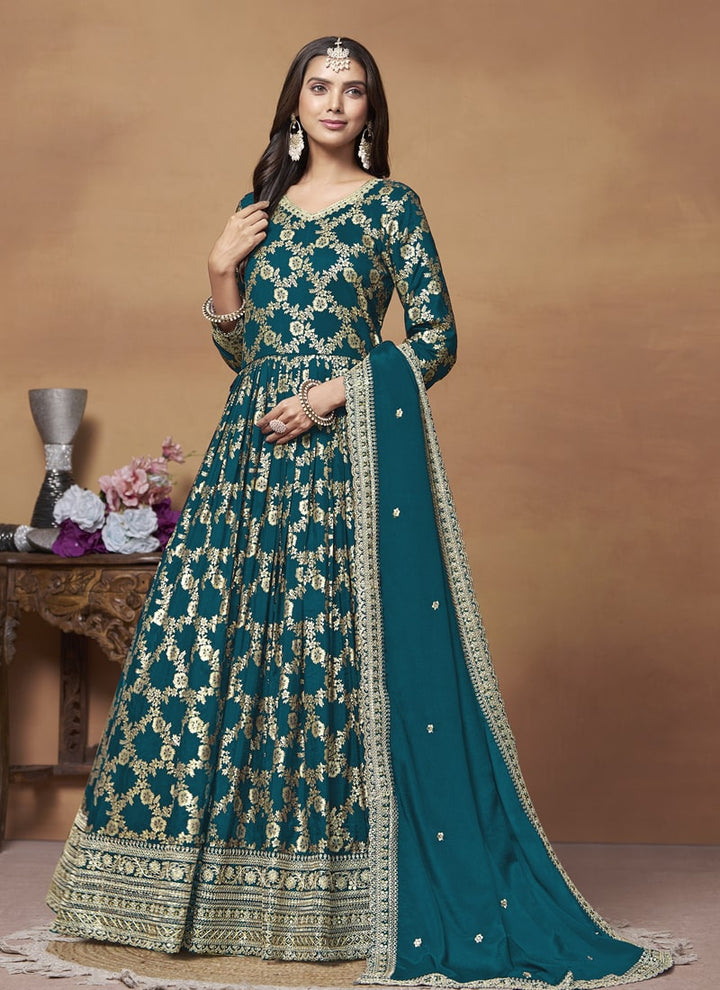 Lassya Fashion Teal Green Dola Jacquard Anarkali Dress