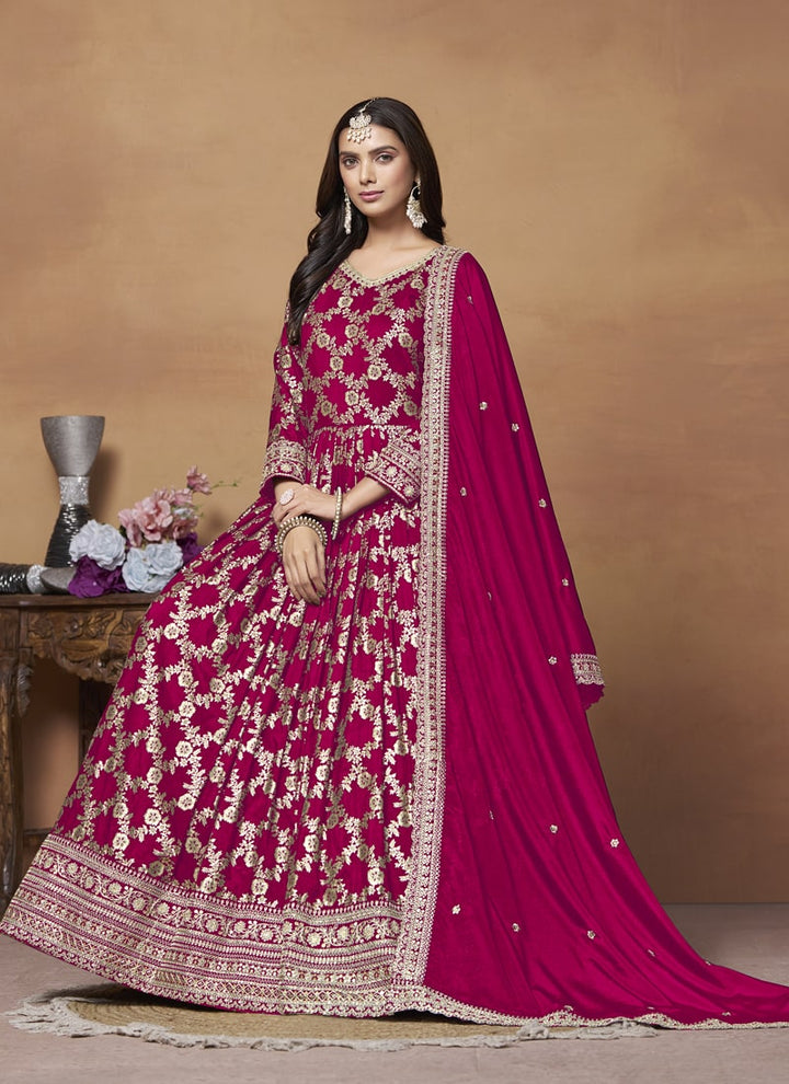 Lassya Fashion Ruby pink Dola Jacquard Anarkali Dress