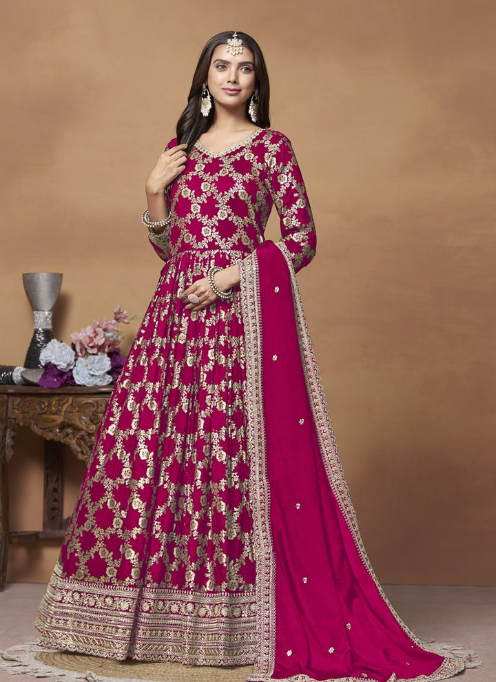 Lassya Fashion Ruby pink Dola Jacquard Anarkali Dress