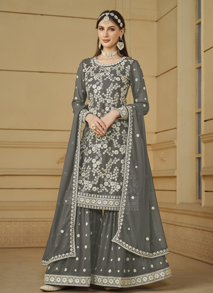 Lassya Fashion Dark Grey Flow and Flair in Faux Georgette-The Saarara Suit