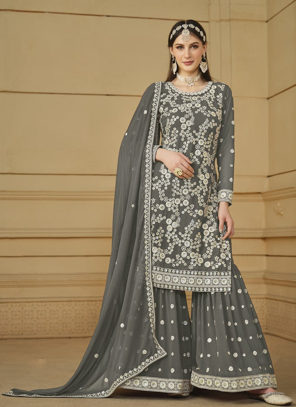 Lassya Fashion Dark Grey Flow and Flair in Faux Georgette-The Saarara Suit