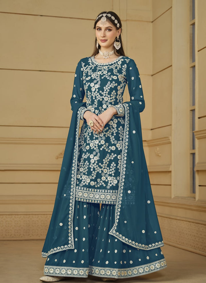 Lassya Fashion Teal Green Flow and Flair in Faux Georgette-The Saarara Suit