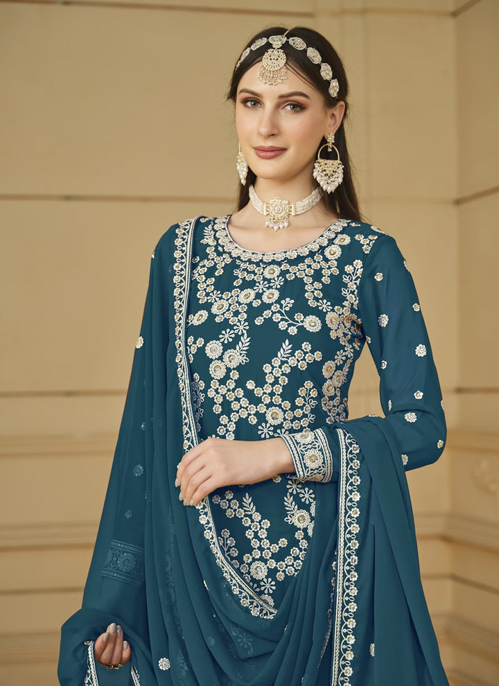 Lassya Fashion Teal Green Flow and Flair in Faux Georgette-The Saarara Suit