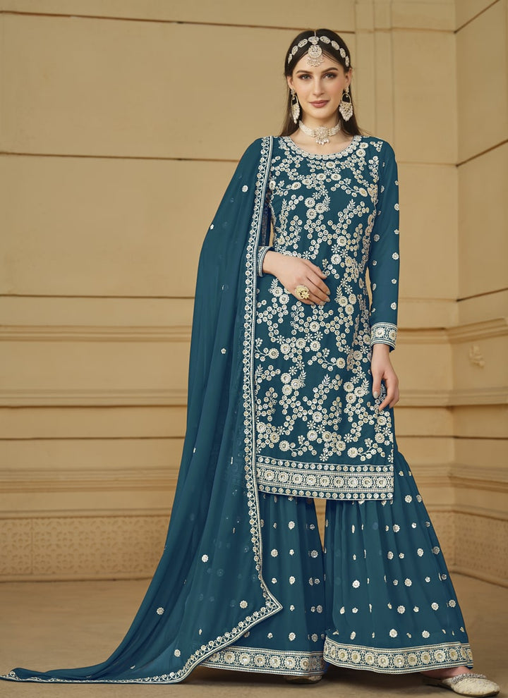 Lassya Fashion Teal Green Flow and Flair in Faux Georgette-The Saarara Suit