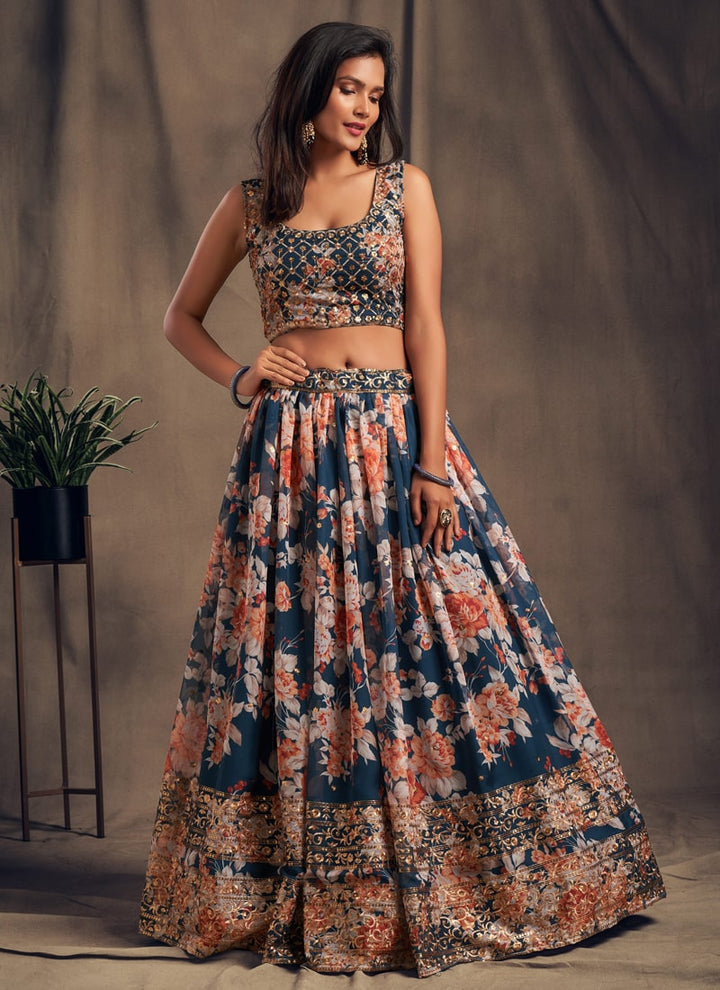 Lassya Fashion Dove Blue Sparkling Lehenga Organza with Embroidery