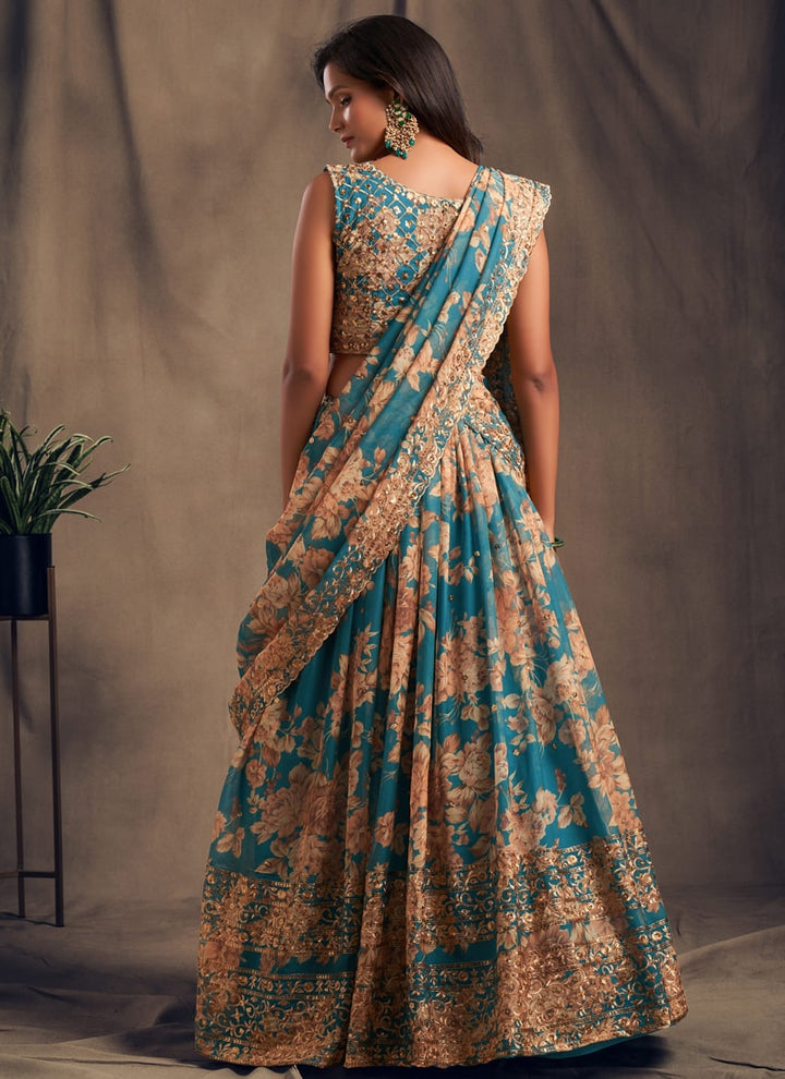 Lassya Fashion Teal Blue Sparkling Lehenga Organza with Embroidery