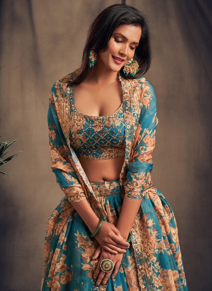 Lassya Fashion Teal Blue Sparkling Lehenga Organza with Embroidery