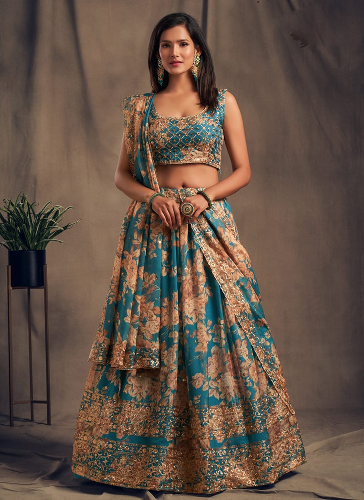 Lassya Fashion Teal Blue Sparkling Lehenga Organza with Embroidery