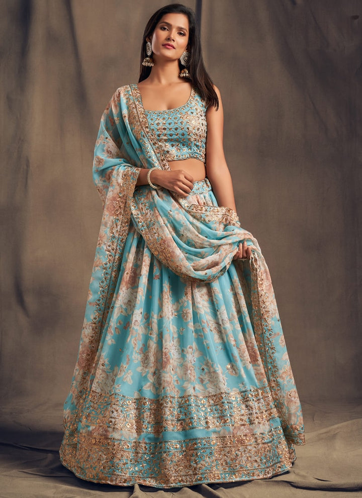 Lassya Fashion Sky Blue Sparkling Lehenga Organza with Embroidery