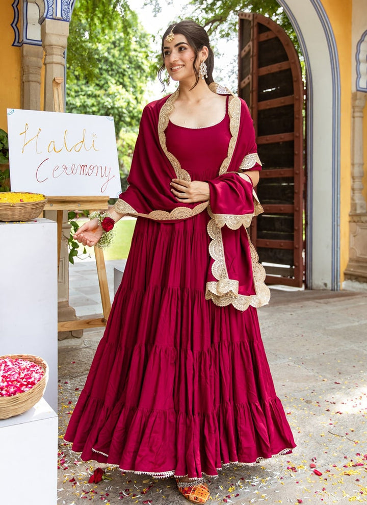 Lassya Fashion Maroon Drape in Elegance Pure Rayon Anarkali Dress