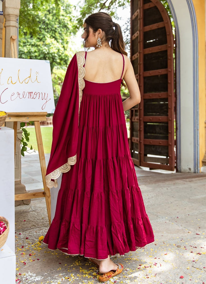 Lassya Fashion Maroon Drape in Elegance Pure Rayon Anarkali Dress