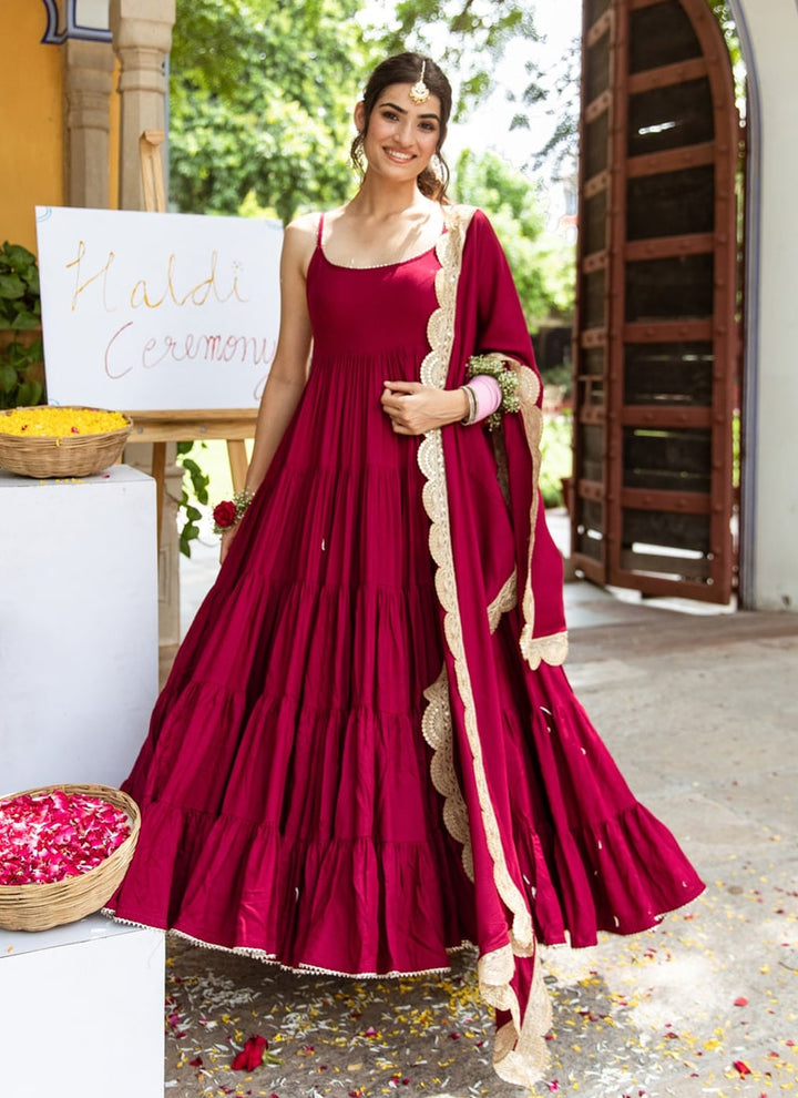 Lassya Fashion Maroon Drape in Elegance Pure Rayon Anarkali Dress