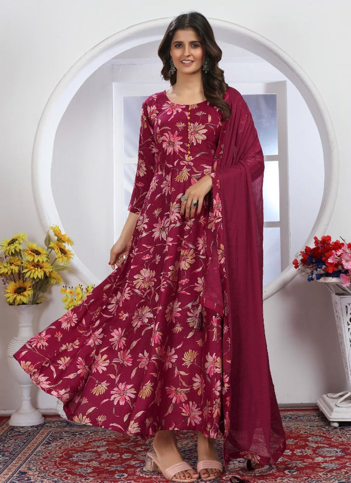 Lassya Fashion Candy Red Effortless Elegance Casual Gown Kuri with Printed Lace Dupatta