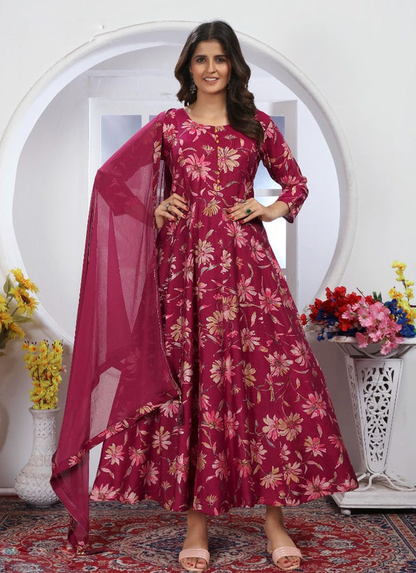 Lassya Fashion Candy Red Effortless Elegance Casual Gown Kuri with Printed Lace Dupatta