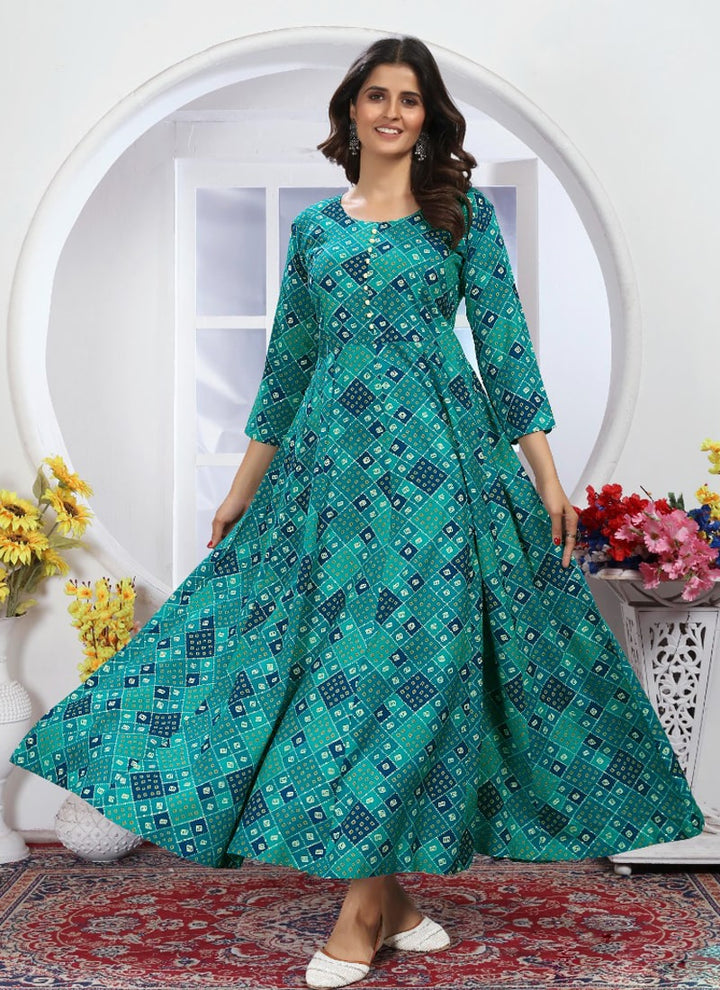 Lassya Fashion Turqoise Green Effortless Elegance Casual Gown Kuri with Printed Lace Dupatta