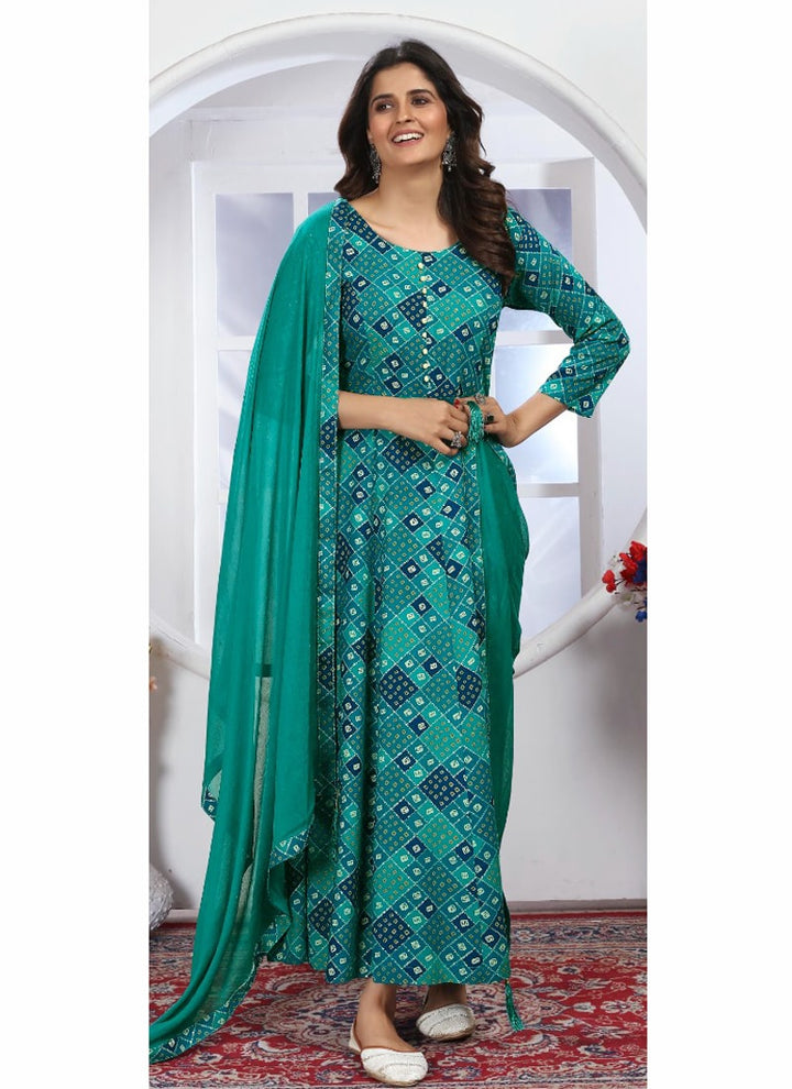 Lassya Fashion Turqoise Green Effortless Elegance Casual Gown Kuri with Printed Lace Dupatta