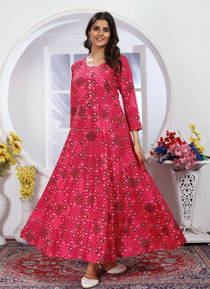 Lassya Fashion Scarlet Red Effortless Elegance Casual Gown Kuri with Printed Lace Dupatta