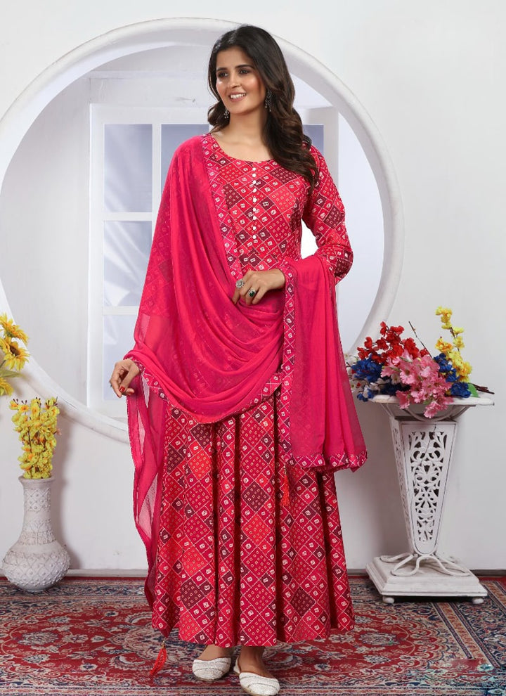 Lassya Fashion Scarlet Red Effortless Elegance Casual Gown Kuri with Printed Lace Dupatta