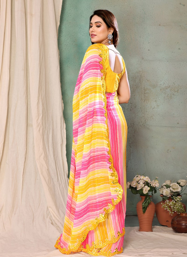 Lassya Fashion Yellow and Pink Sparkling Saree Printed with Mirror Work