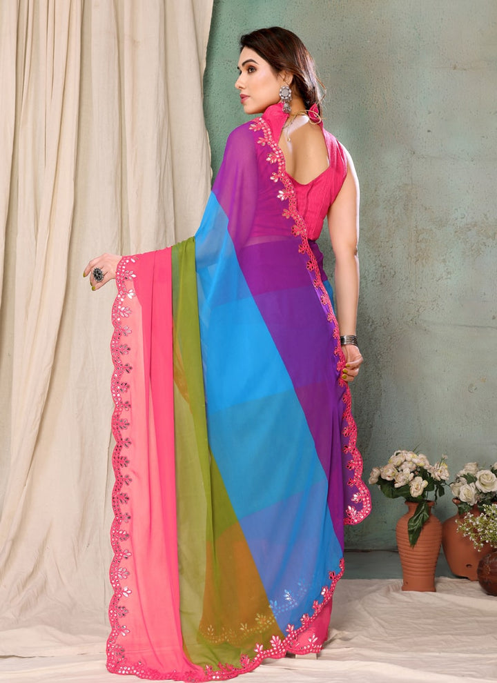 Lassya Fashion Multicolor Sparkling Saree Printed with Mirror Work