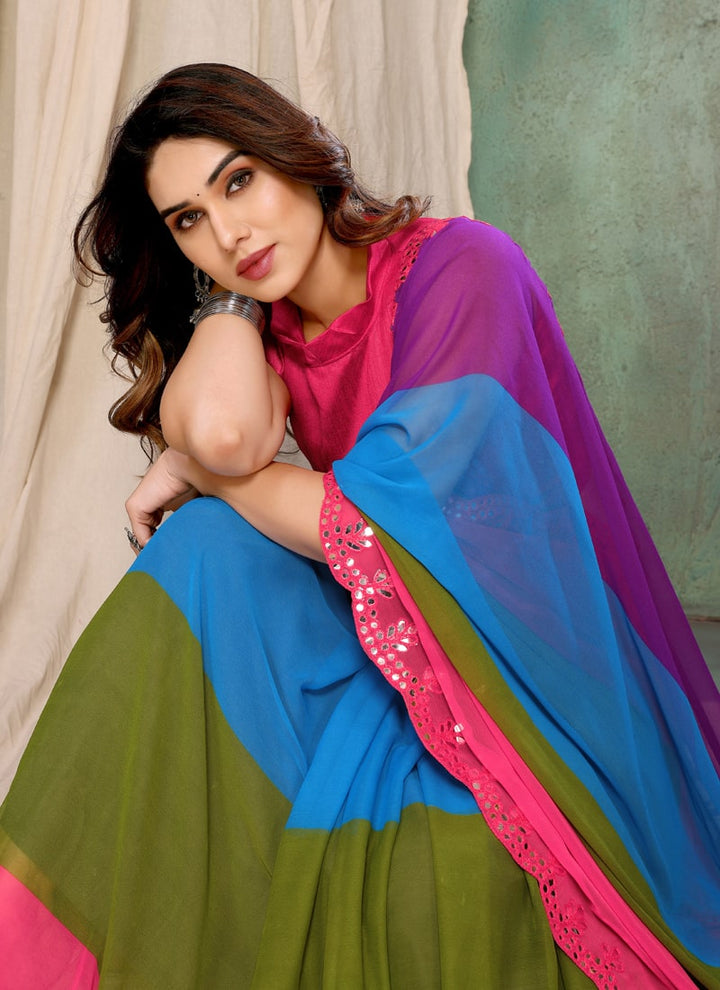 Lassya Fashion Multicolor Sparkling Saree Printed with Mirror Work