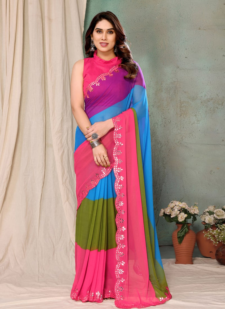 Lassya Fashion Multicolor Sparkling Saree Printed with Mirror Work