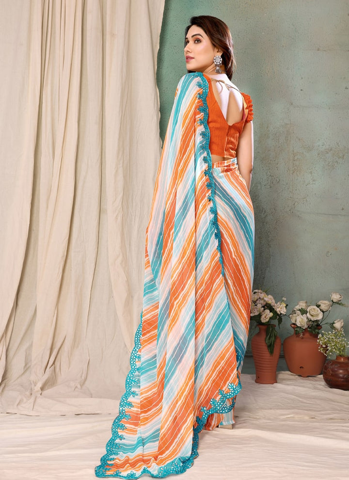 Lassya Fashion Blue And Red Sparkling Saree Printed with Mirror Work