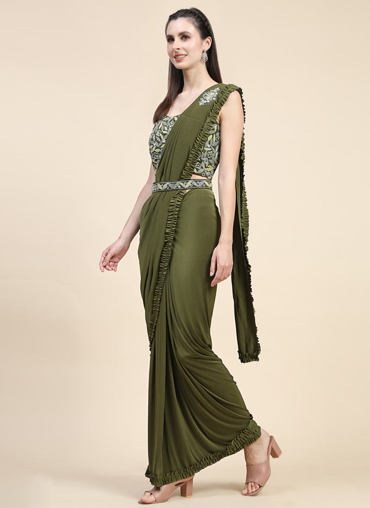 Lassya Fashion Olive green Effortless Saree Elegance Frilled Border