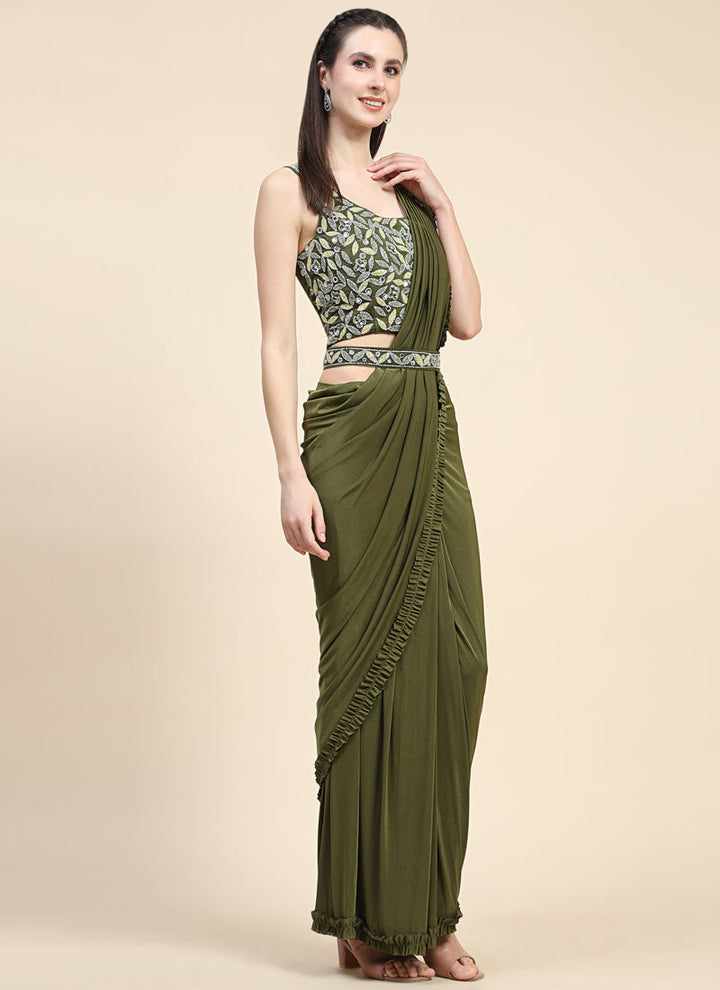 Lassya Fashion Olive green Effortless Saree Elegance Frilled Border