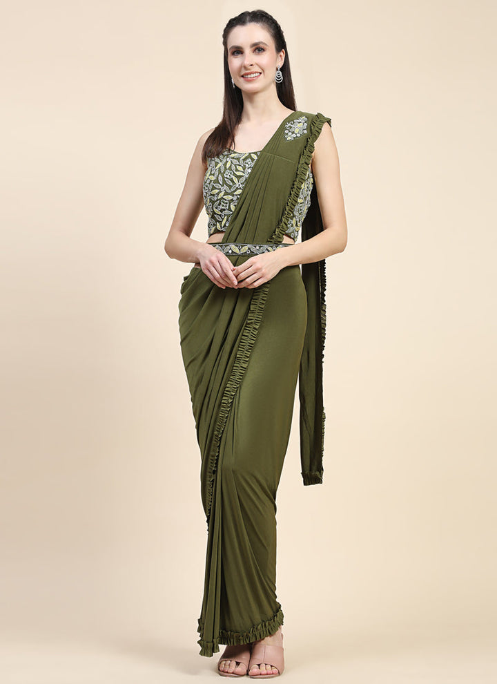 Lassya Fashion Olive green Effortless Saree Elegance Frilled Border