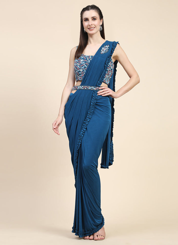 Lassya Fashion Navy Blue Effortless Saree Elegance Frilled Border