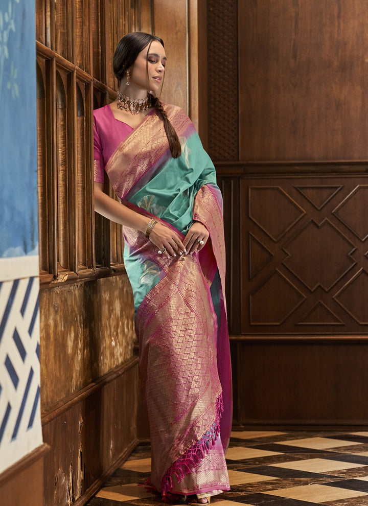 Lassya Fashion Teal green Elegant Silk Saree with Zari Woven Butta