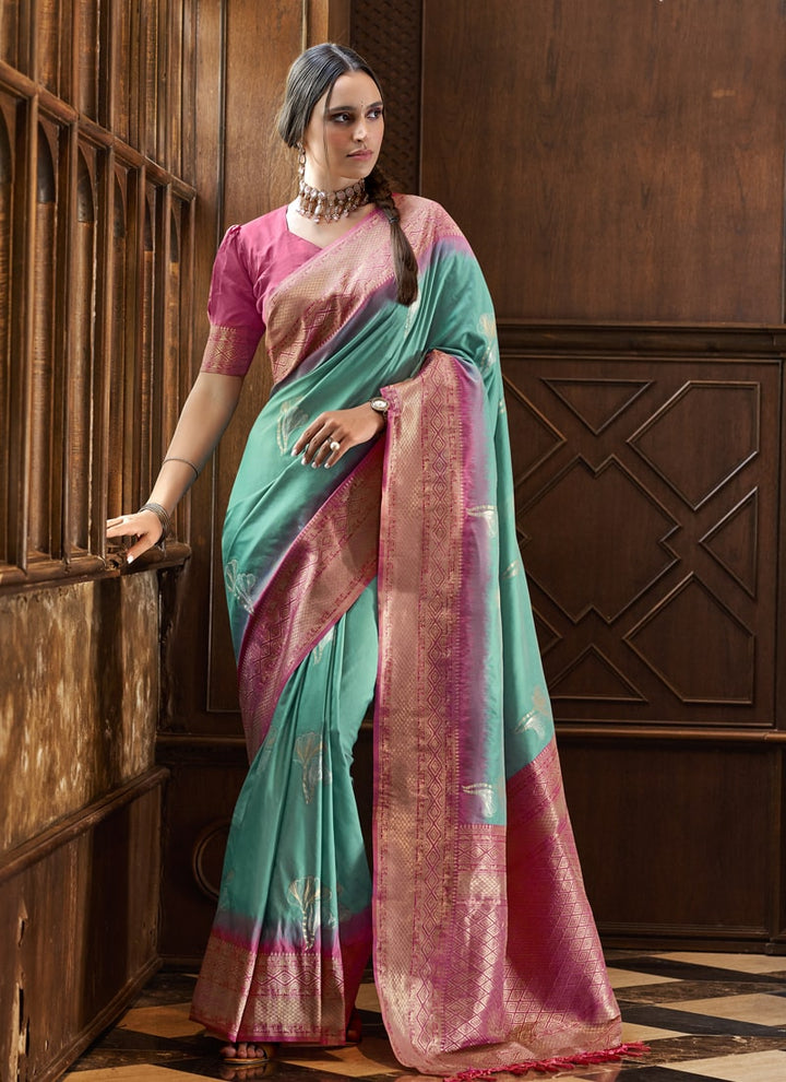 Lassya Fashion Teal green Elegant Silk Saree with Zari Woven Butta