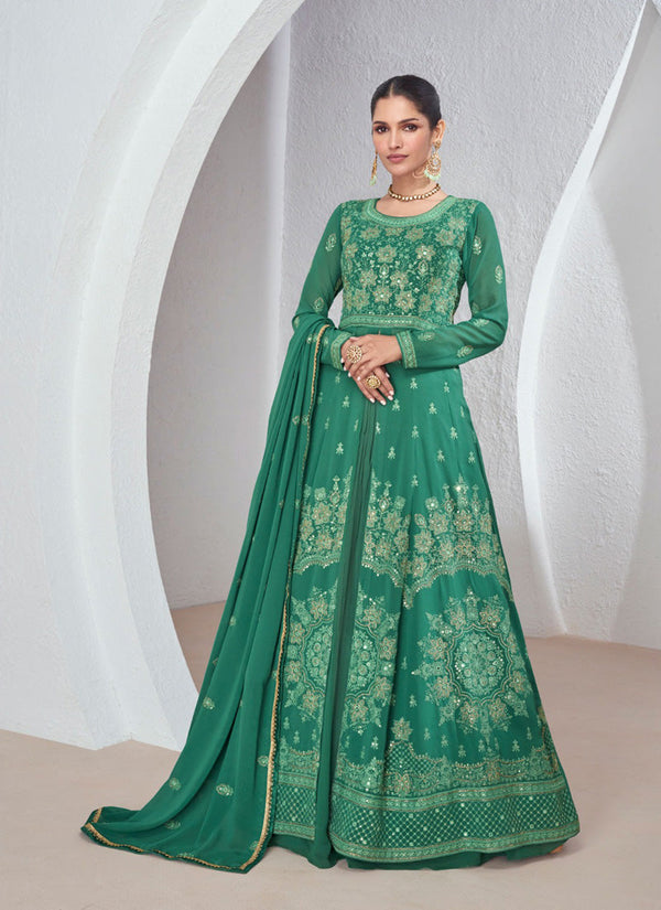 Lassya Fashion Forest Green Anarkali Sharara Dress with Premium Silk