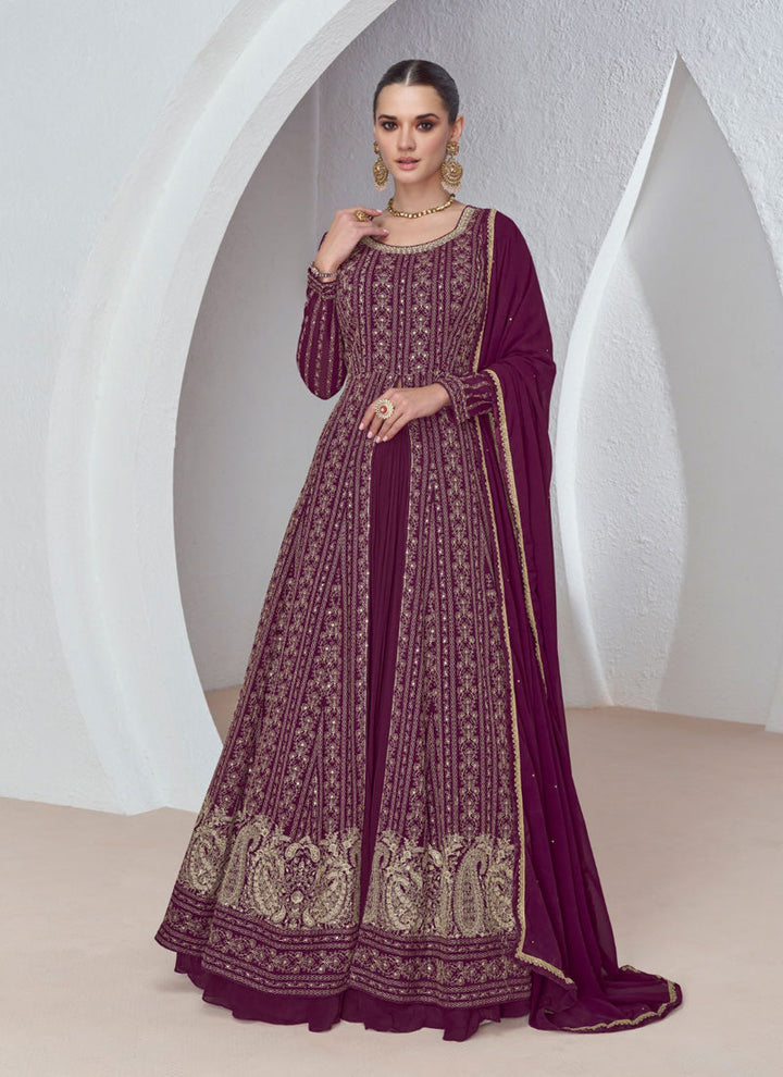 Lassya Fashion Dark Purple Anarkali Sharara Dress with Premium Silk