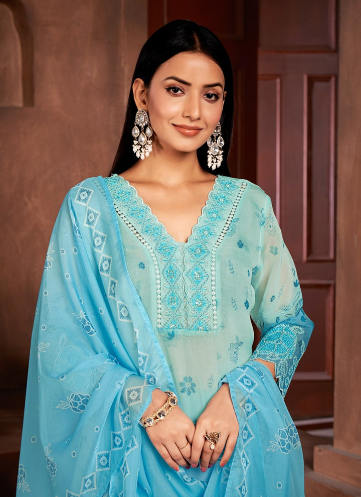 Lassya Fashion Blue Straight Salwar Suit-Digital Print with Handwork and Sequins