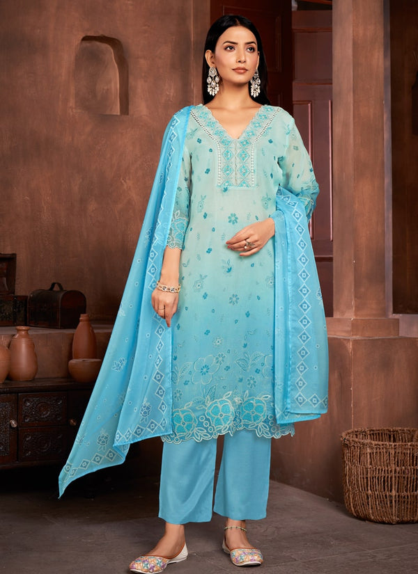 Lassya Fashion Blue Straight Salwar Suit-Digital Print with Handwork and Sequins