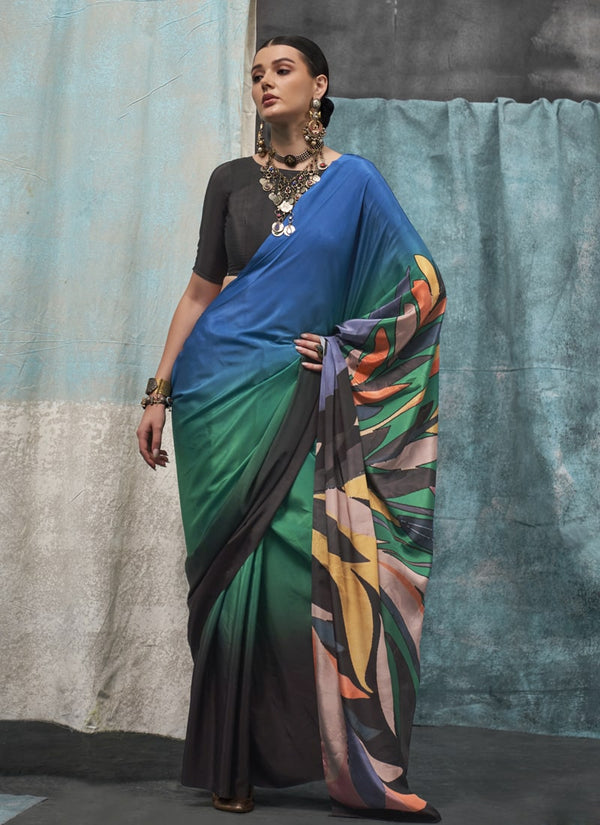 Lassya Fashion Blue And Green Printed Silk Crepe Saree with Matching Blouse