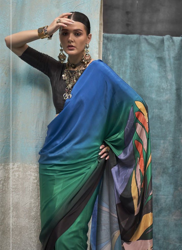 Lassya Fashion Blue And Green Printed Silk Crepe Saree with Matching Blouse