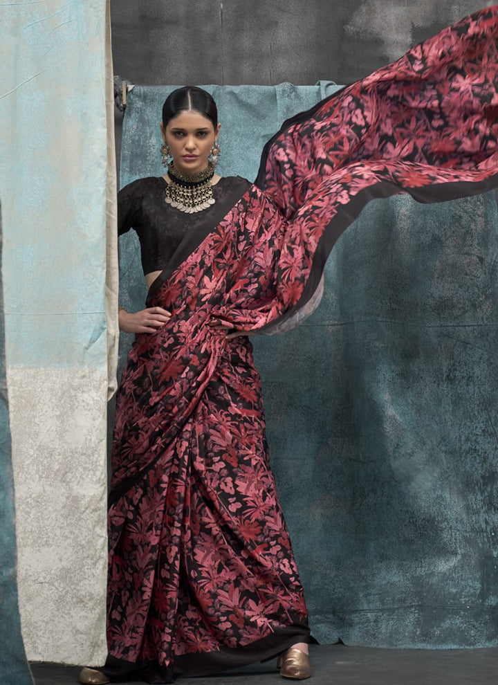 Lassya Fashion Red Printed Silk Crepe Saree with Matching Blouse