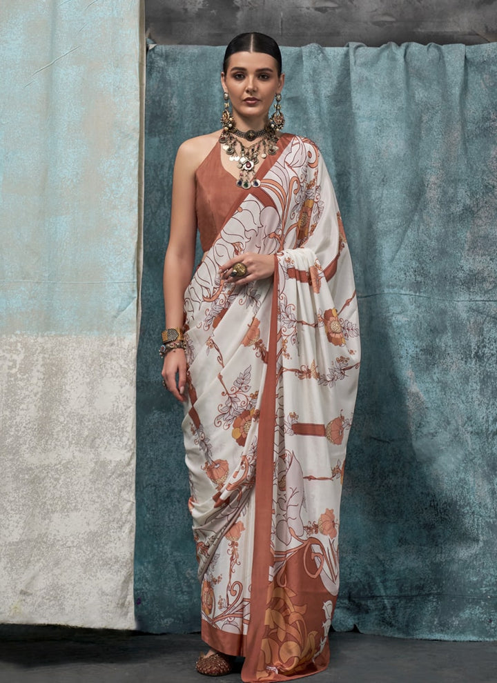 Lassya Fashion Pearl White Printed Silk Crepe Saree with Matching Blouse