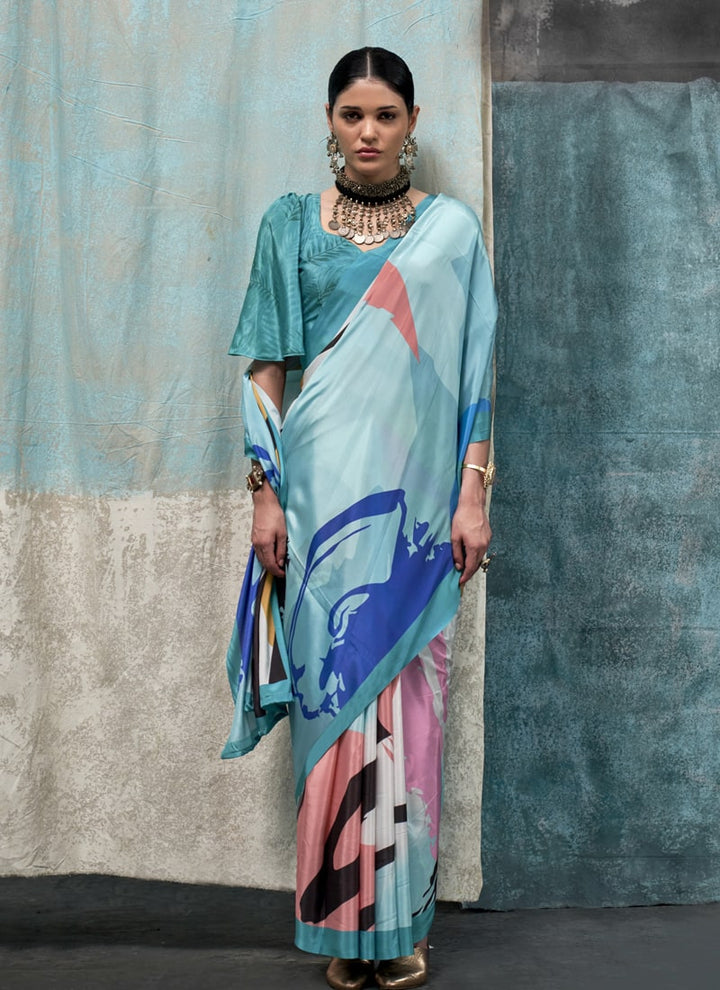 Lassya Fashion Blue And White Printed Silk Crepe Saree with Matching Blouse