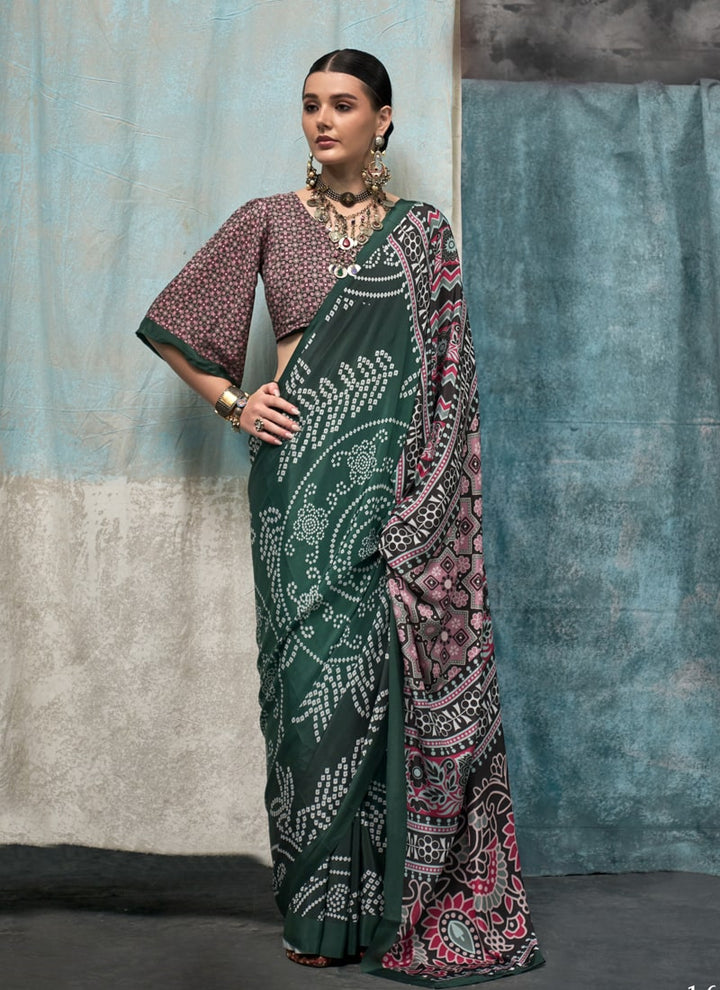 Lassya Fashion Forest green Printed Silk Crepe Saree with Matching Blouse