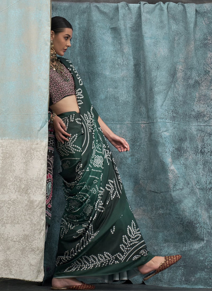 Lassya Fashion Forest green Printed Silk Crepe Saree with Matching Blouse