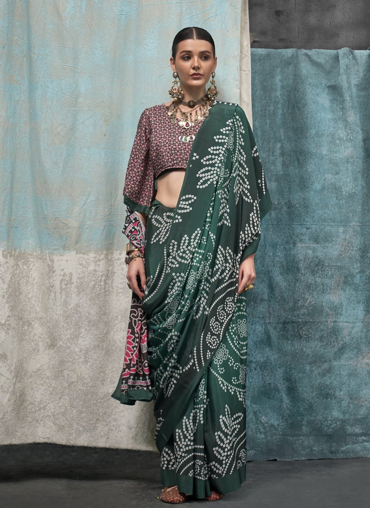 Lassya Fashion Forest green Printed Silk Crepe Saree with Matching Blouse