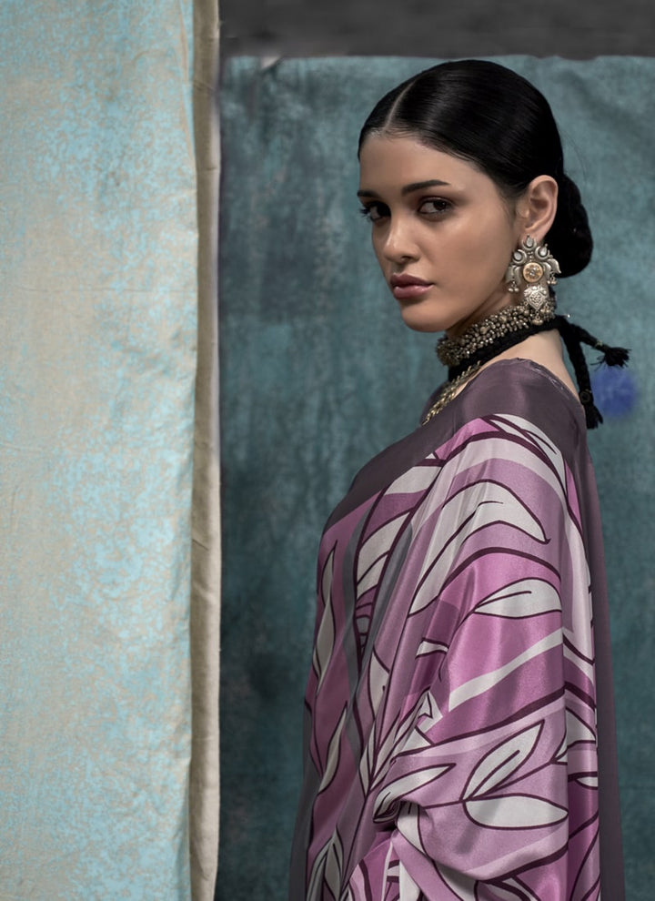 Lassya Fashion lavender and Grey Printed Silk Crepe Saree with Matching Blouse