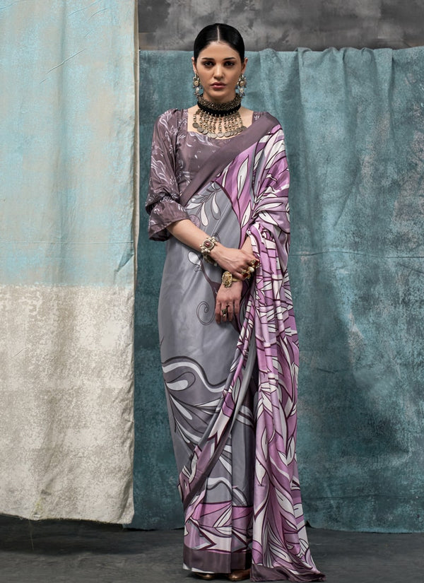 Lassya Fashion lavender and Grey Printed Silk Crepe Saree with Matching Blouse